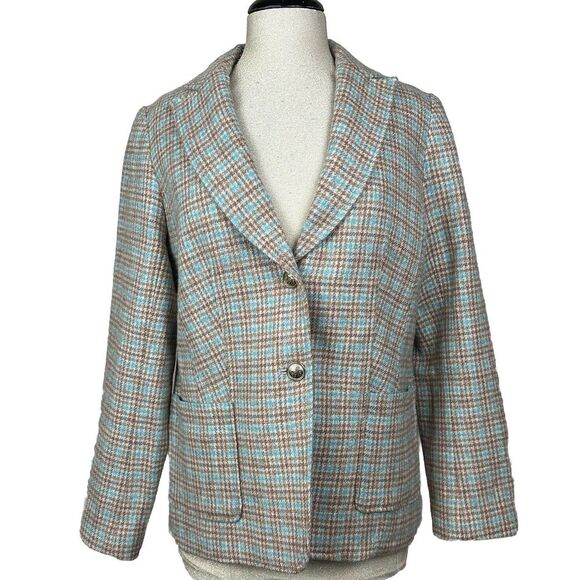 Talbots Wool Blend Blazer 10 Teal‎ Brown Plaid Academia Preppy Equestrian Lined - Picture 1 of 15